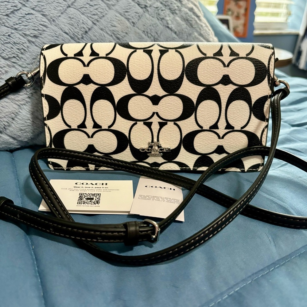 Coach Black and White Signature Crossbody Wallet Clutch